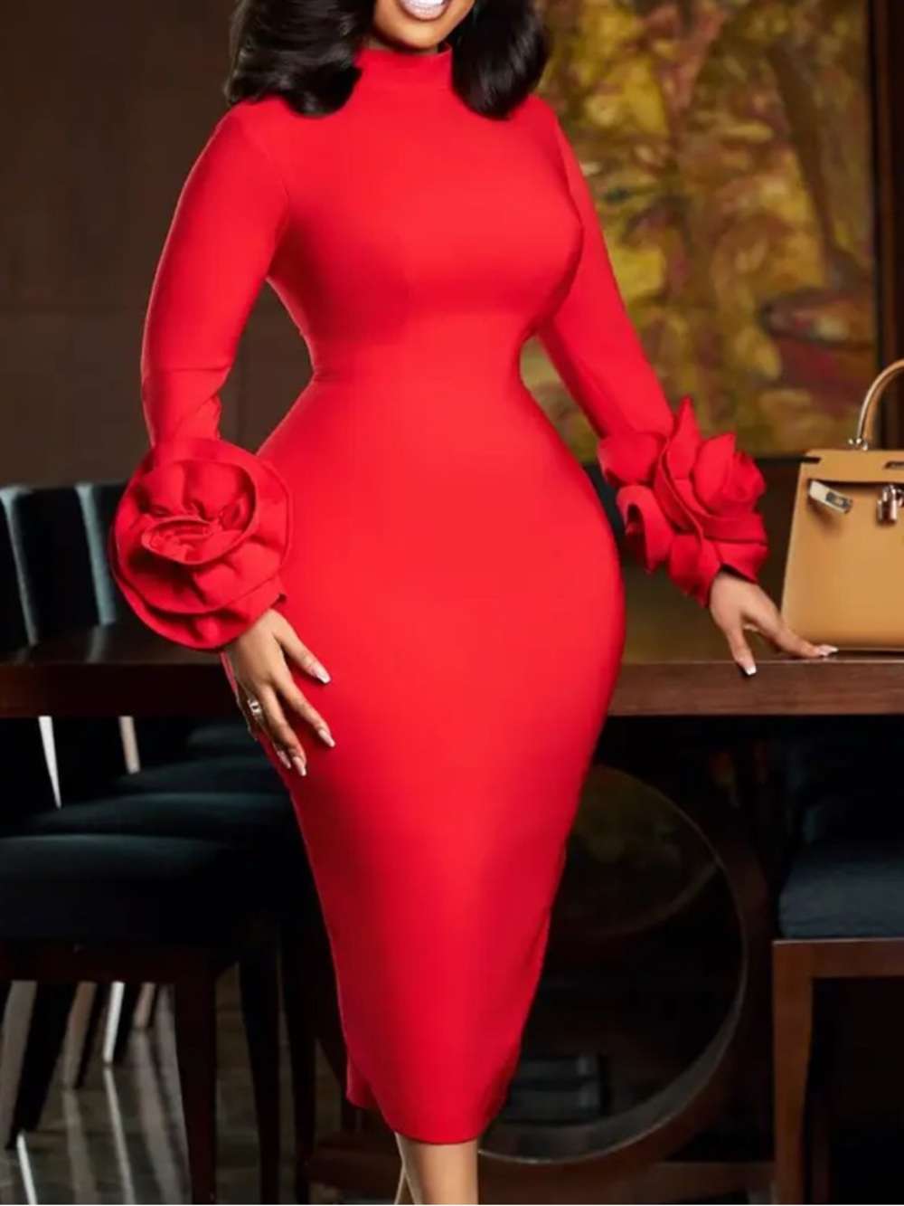 Elegant Red High-Neck Midi Dress | Ruffle Cuff Statement Sleeve | Fitted  (2X)